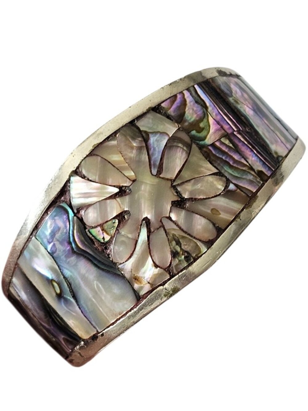 Vintage Mexican Sterling Silver Mother of Pearl Abalone Mosaic Cuff Bracelet...